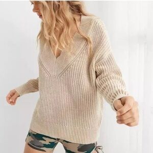 Beige V-Neck Chunky Knit Sweater - Women